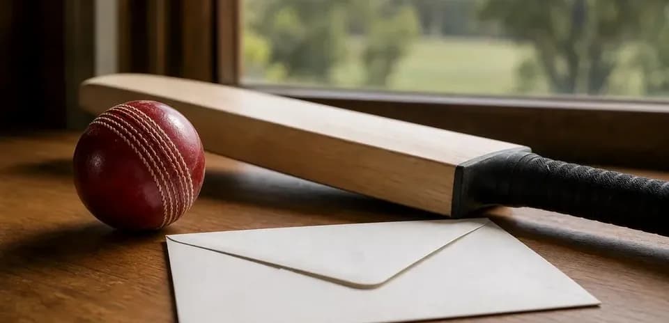 Bate de cricket, pelota y sobre sobre una mesa