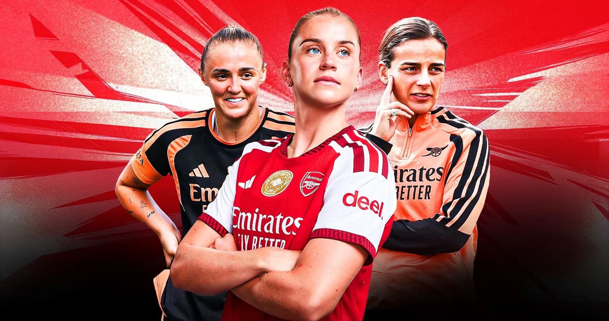 Tres jugadoras de Arsenal en fondo rojo