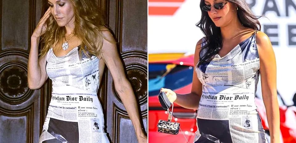 Dos mujeres con vestidos de periódico Christian Dior