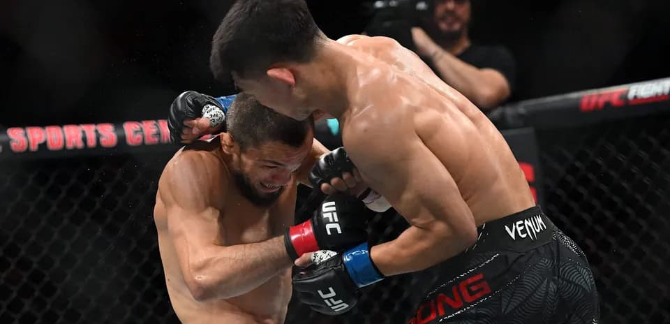 Peleadores de MMA intercambiando golpes en combate