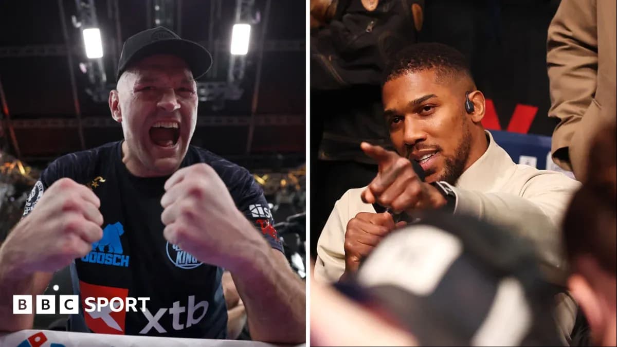 Tyson Fury celebrating and Anthony Joshua pointing