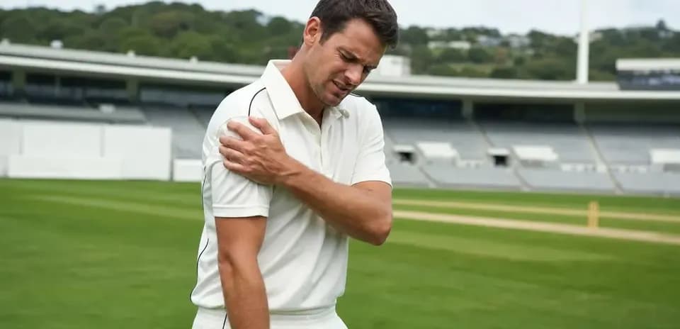 Jugador de cricket sujetando su hombro en el campo
