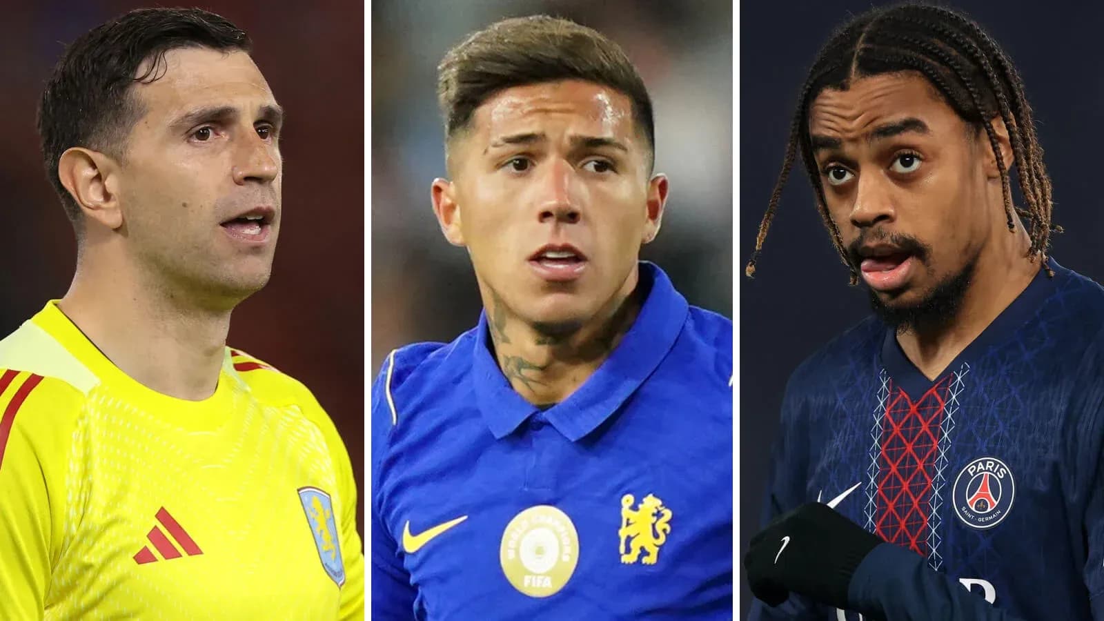 Tres futbolistas en diferentes uniformes deportivos