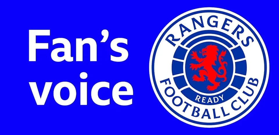 Texto 'Fan's voice' junto al escudo del Rangers