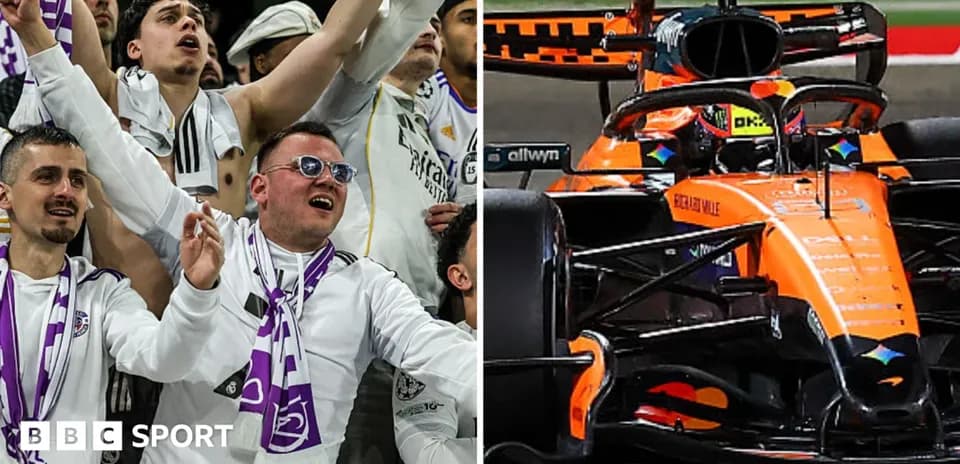 Aficionados animando y coche de Fórmula 1 en carrera