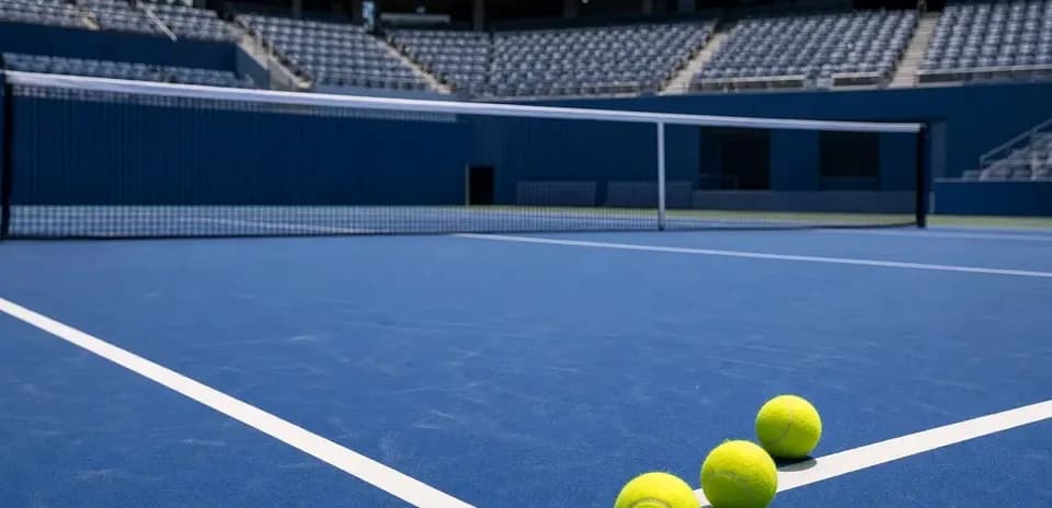 Tres pelotas de tenis en cancha vacía