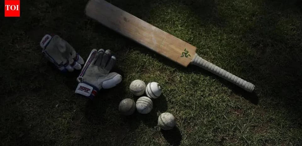 Bate de cricket, guantes y pelotas en el campo