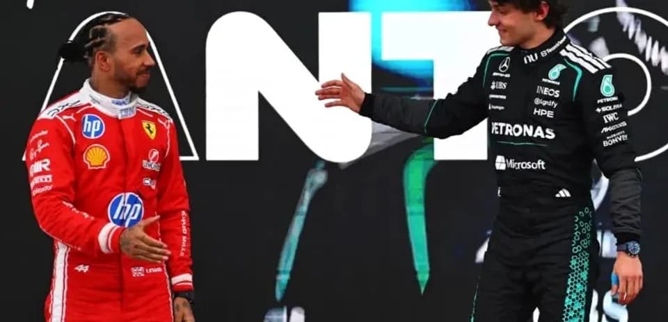 Lewis Hamilton y George Russell en ceremonia de podio