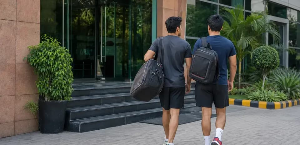 Dos hombres caminando hacia la entrada de un edificio
