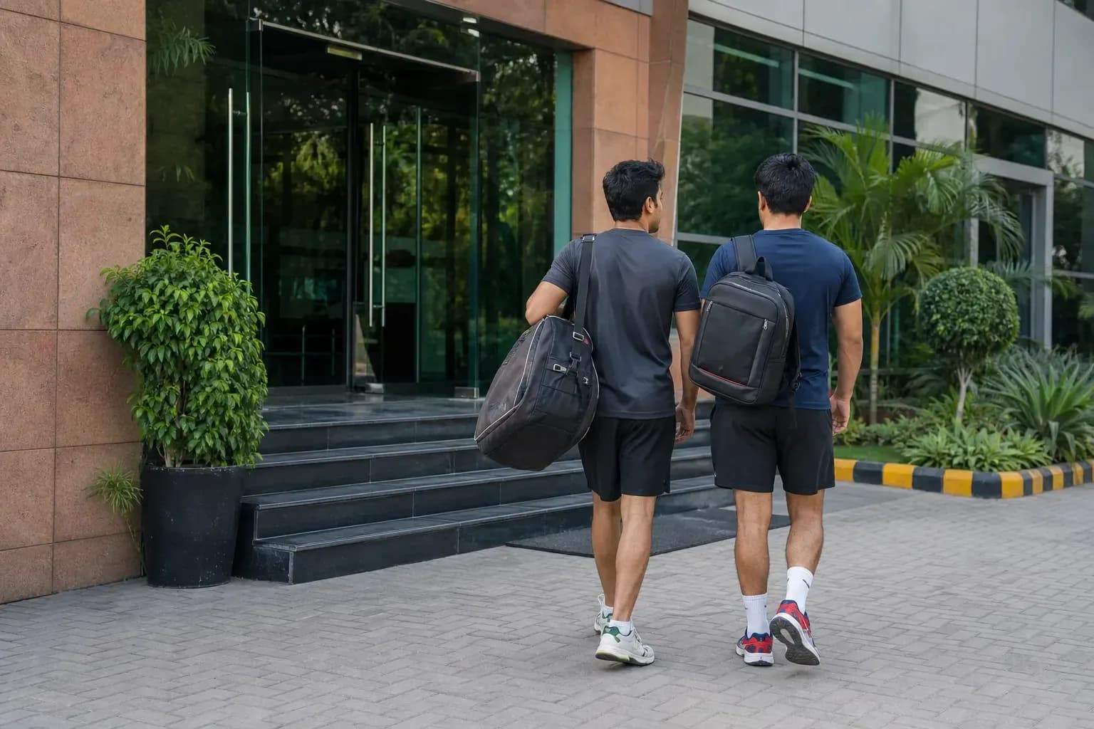 Dos hombres caminando hacia la entrada de un edificio