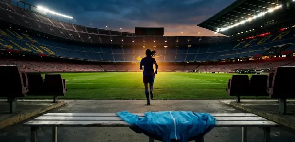 Jugadora corriendo hacia el campo de fútbol vacío