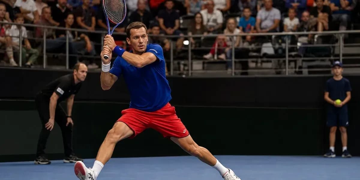 Jugador de tenis golpeando la pelota en la cancha