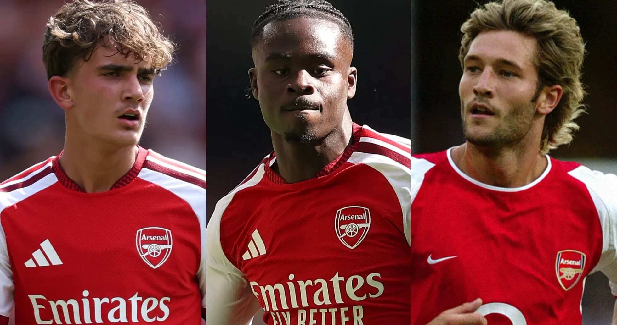 Tres jugadores de Arsenal en uniforme rojo