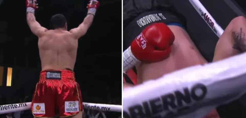 Boxeador celebrando victoria tras nocaut en combate