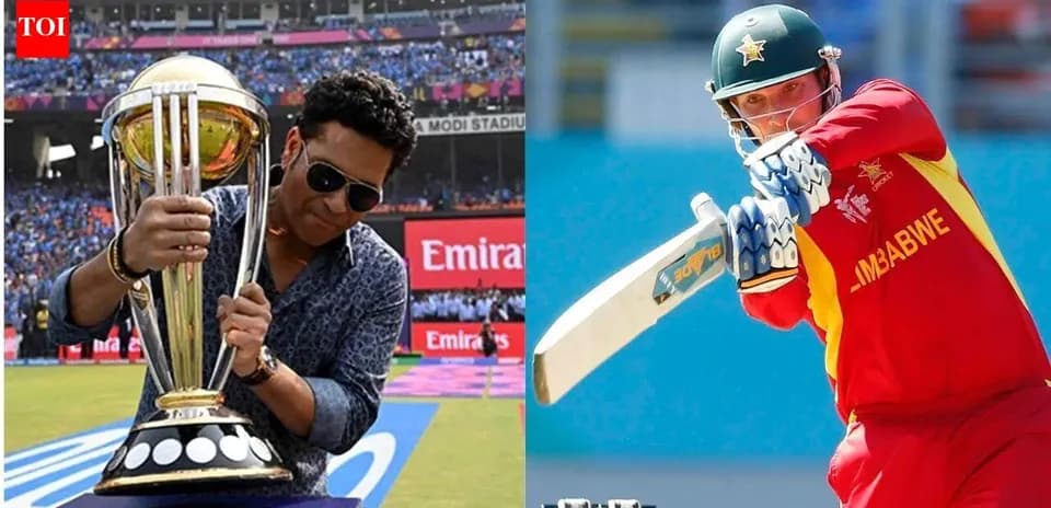 Sachin Tendulkar holding trophy; Zimbabwe player batting