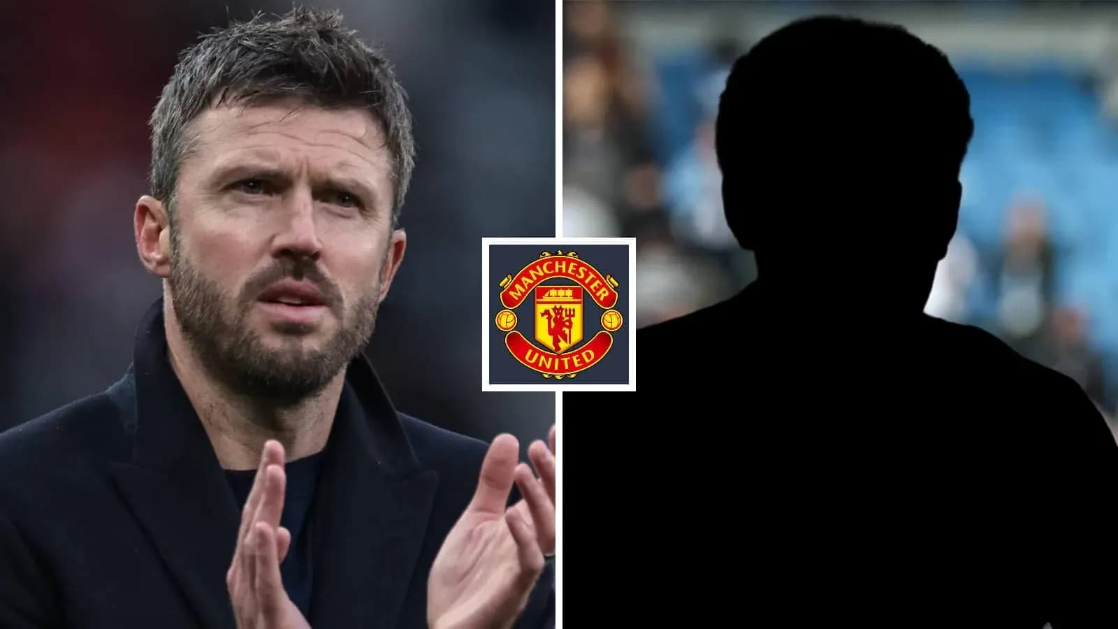 Michael Carrick gesticulando con el logotipo de Manchester United
