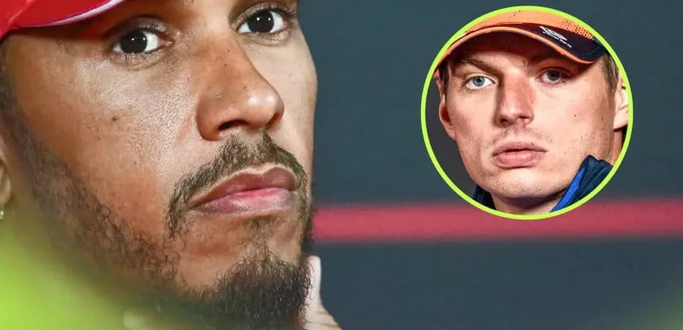 Lewis Hamilton at press conference with Verstappen inset