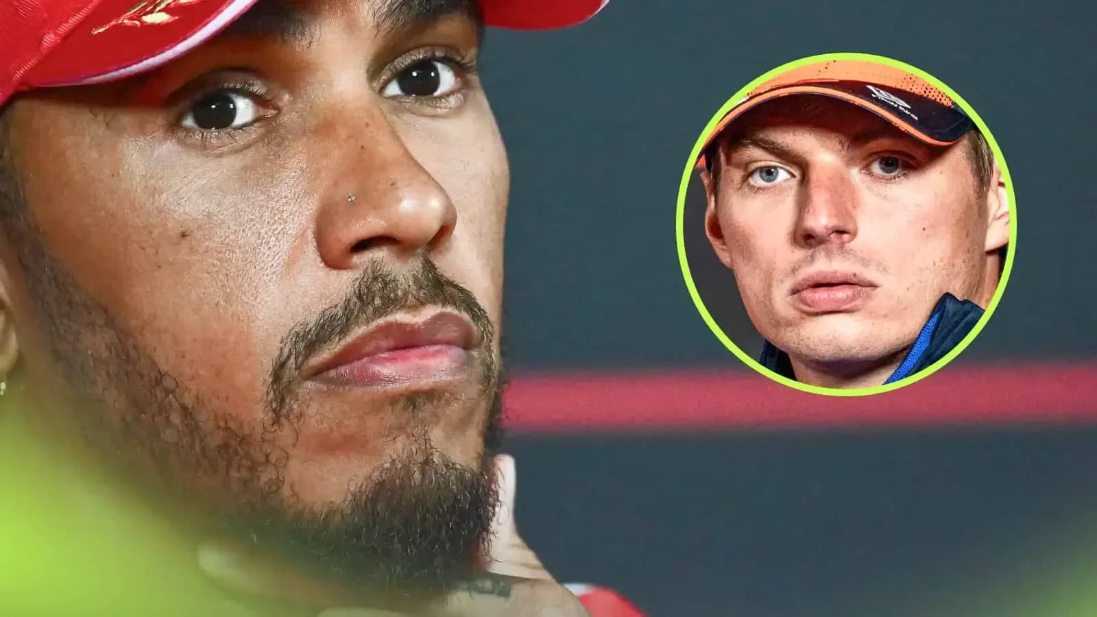Lewis Hamilton at press conference with Verstappen inset