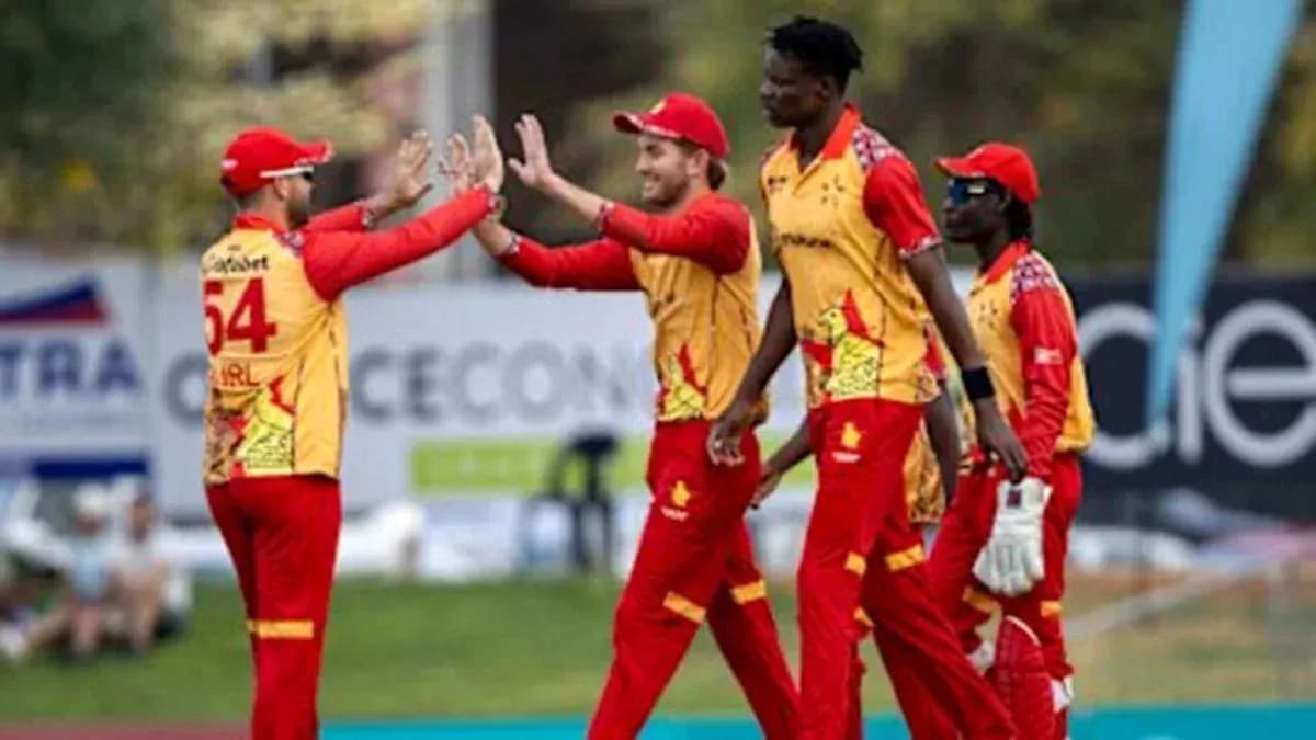 Jugadores celebrando un wicket en partido de cricket