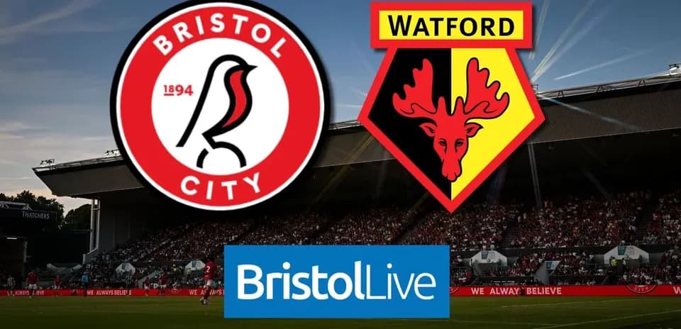 Logos de Bristol City y Watford con fondo de estadio