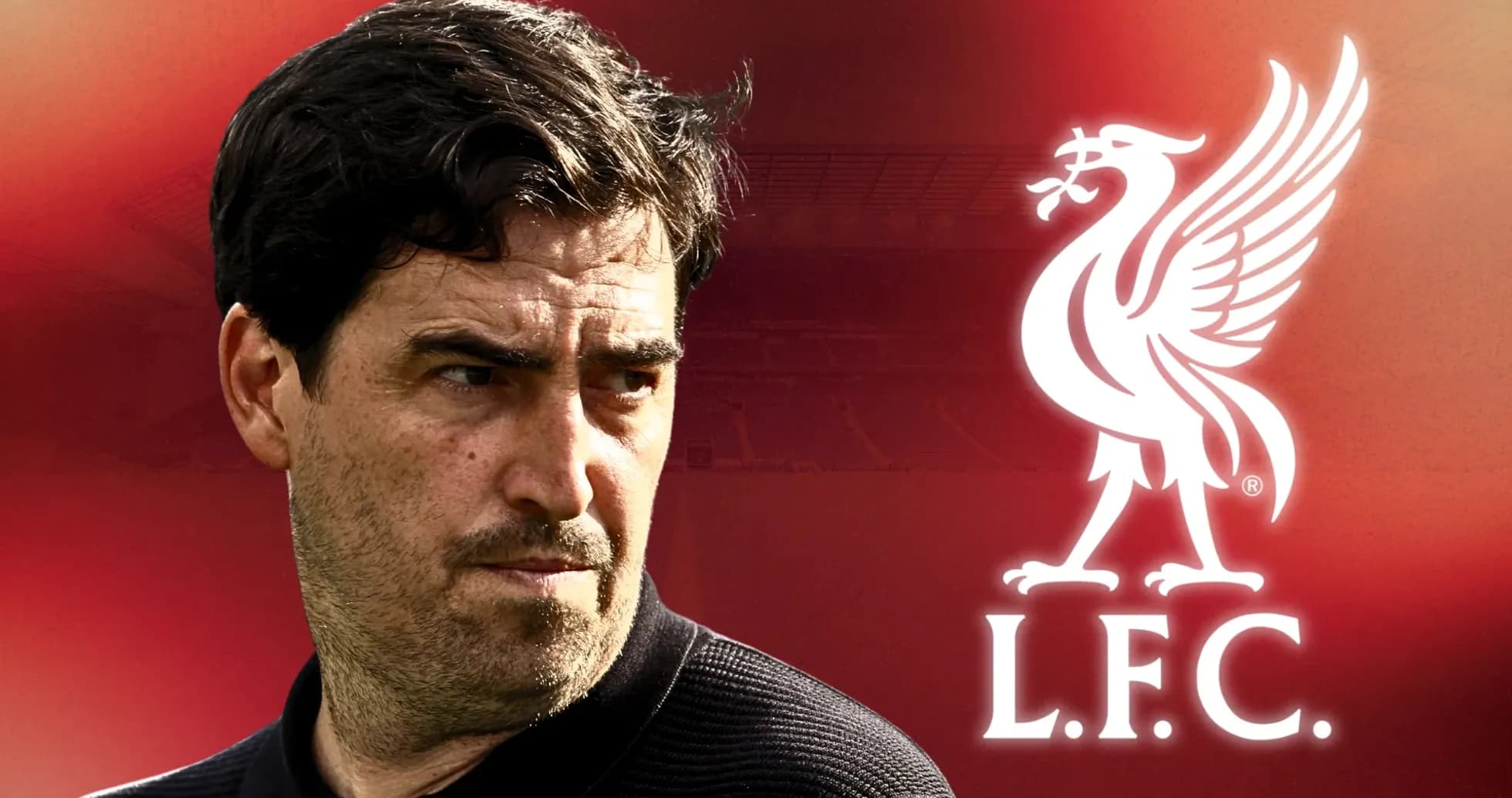 Entrenador de Liverpool con fondo rojo y logo Entrenador de Liverpool con fondo rojo y logo