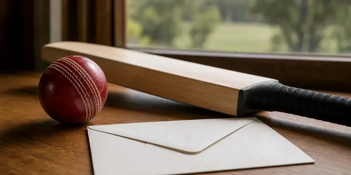 Bate de cricket, pelota y sobre sobre una mesa Bate de cricket, pelota y sobre sobre una mesa