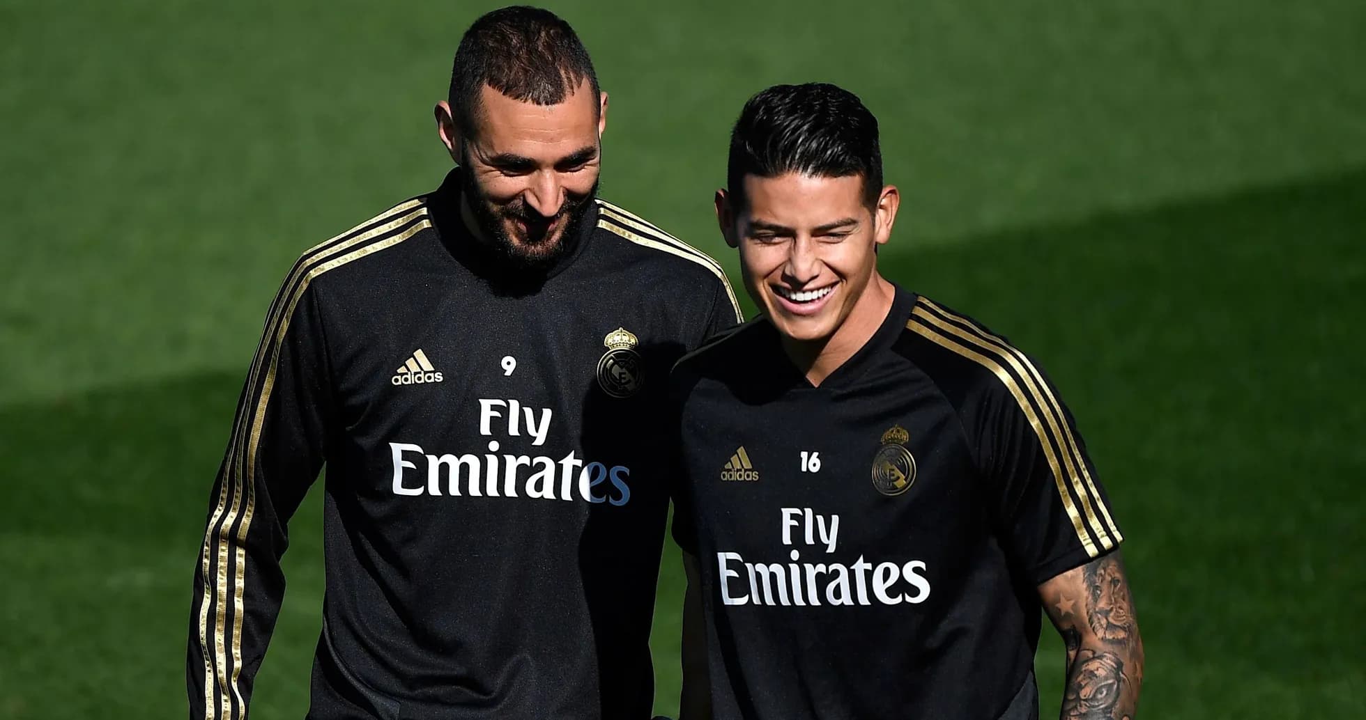 Karim Benzema y James Rodríguez durante entrenamiento Karim Benzema y James Rodríguez durante entrenamiento