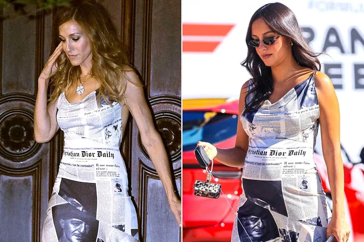 Dos mujeres con vestidos de periódico Christian Dior Dos mujeres con vestidos de periódico Christian Dior