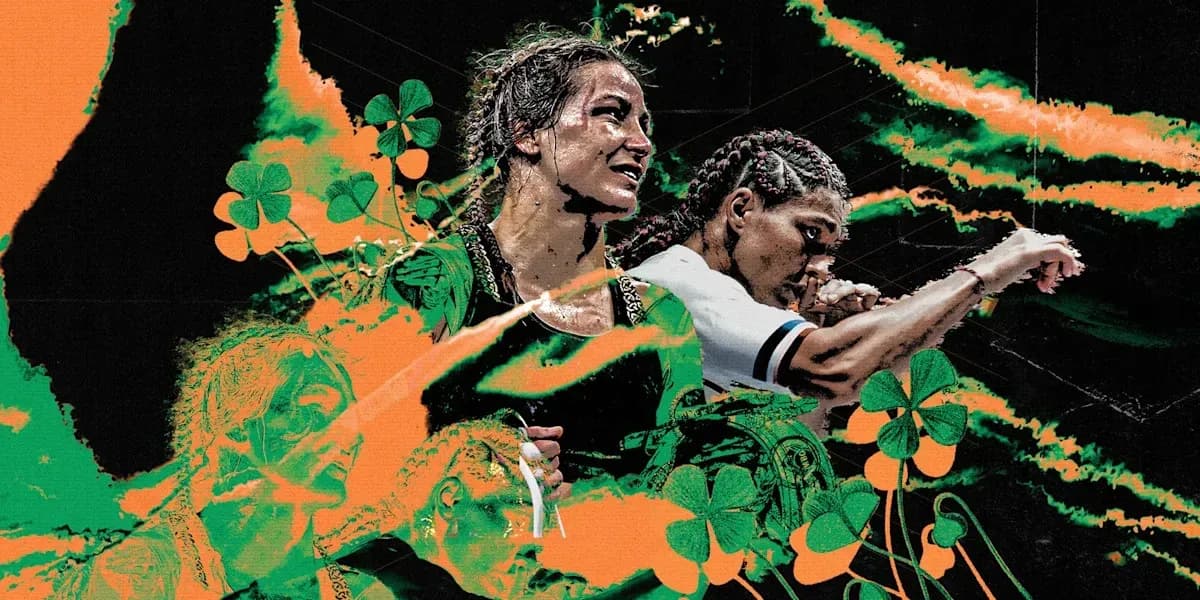 Dos luchadoras en acción con fondo artístico colorido Dos luchadoras en acción con fondo artístico colorido