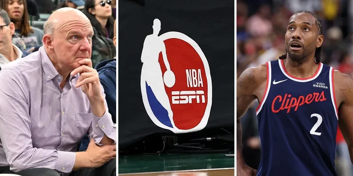 Steve Ballmer, logo NBA y Kawhi Leonard en acción Steve Ballmer, logo NBA y Kawhi Leonard en acción