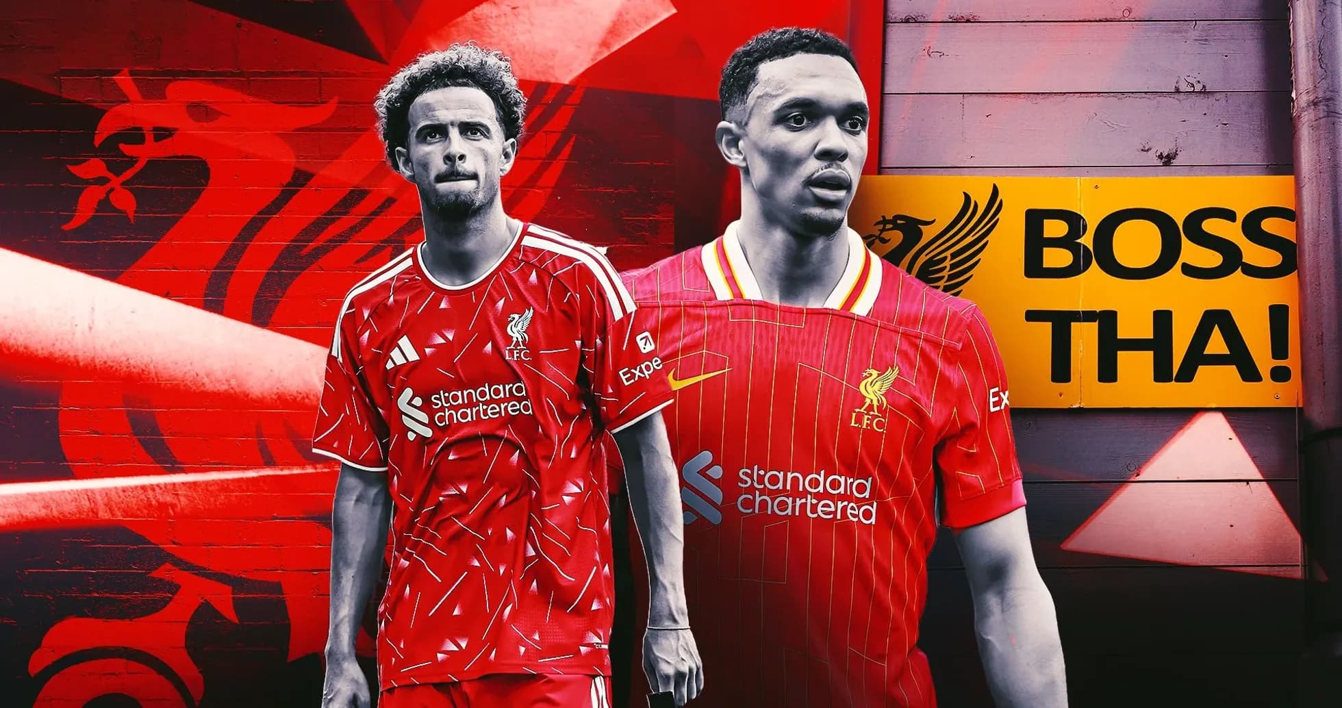 Jugadores de Liverpool en camisetas rojas con fondo gráfico Jugadores de Liverpool en camisetas rojas con fondo gráfico