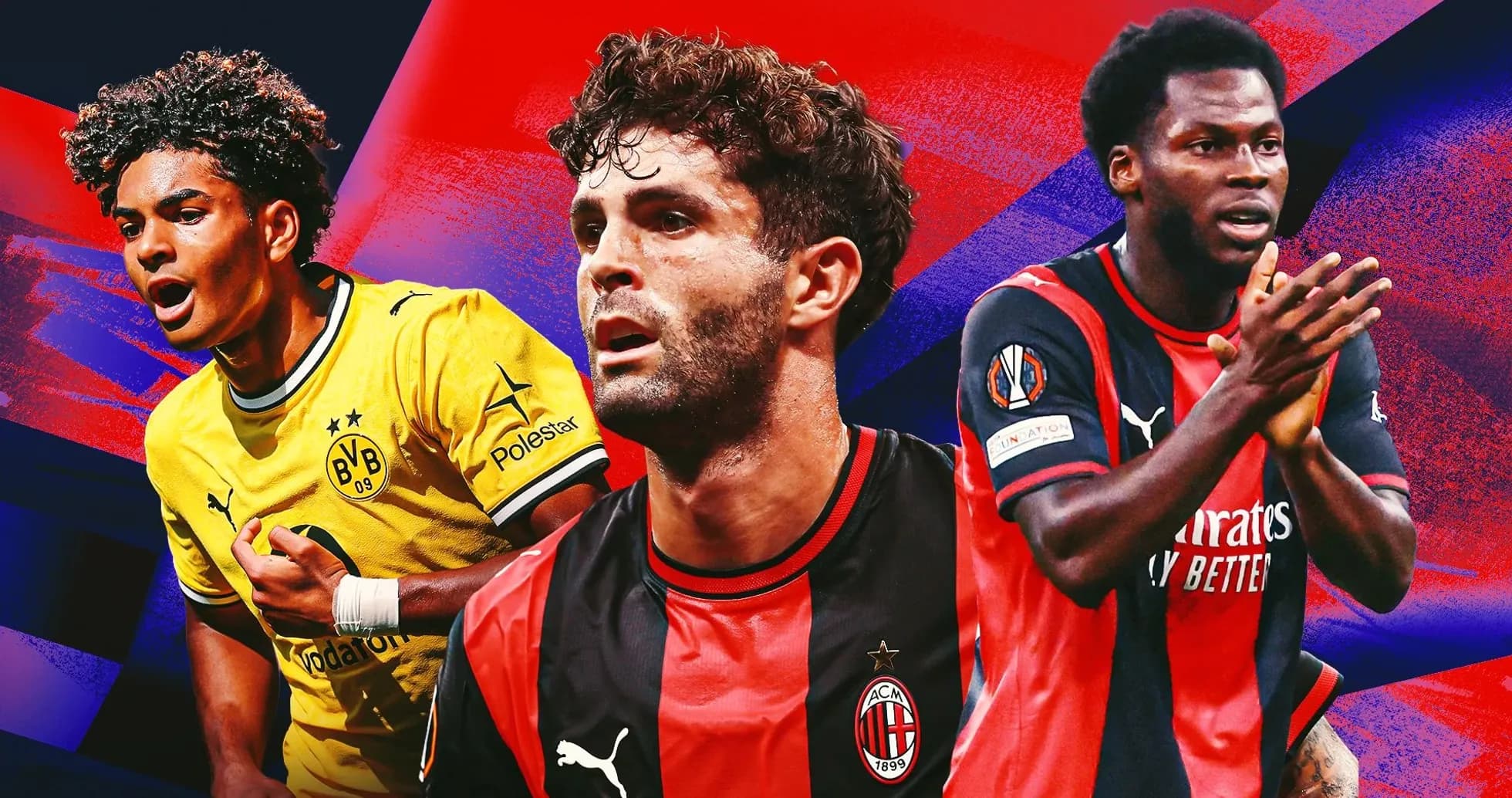Jugadores de Borussia Dortmund y AC Milan en collage Jugadores de Borussia Dortmund y AC Milan en collage