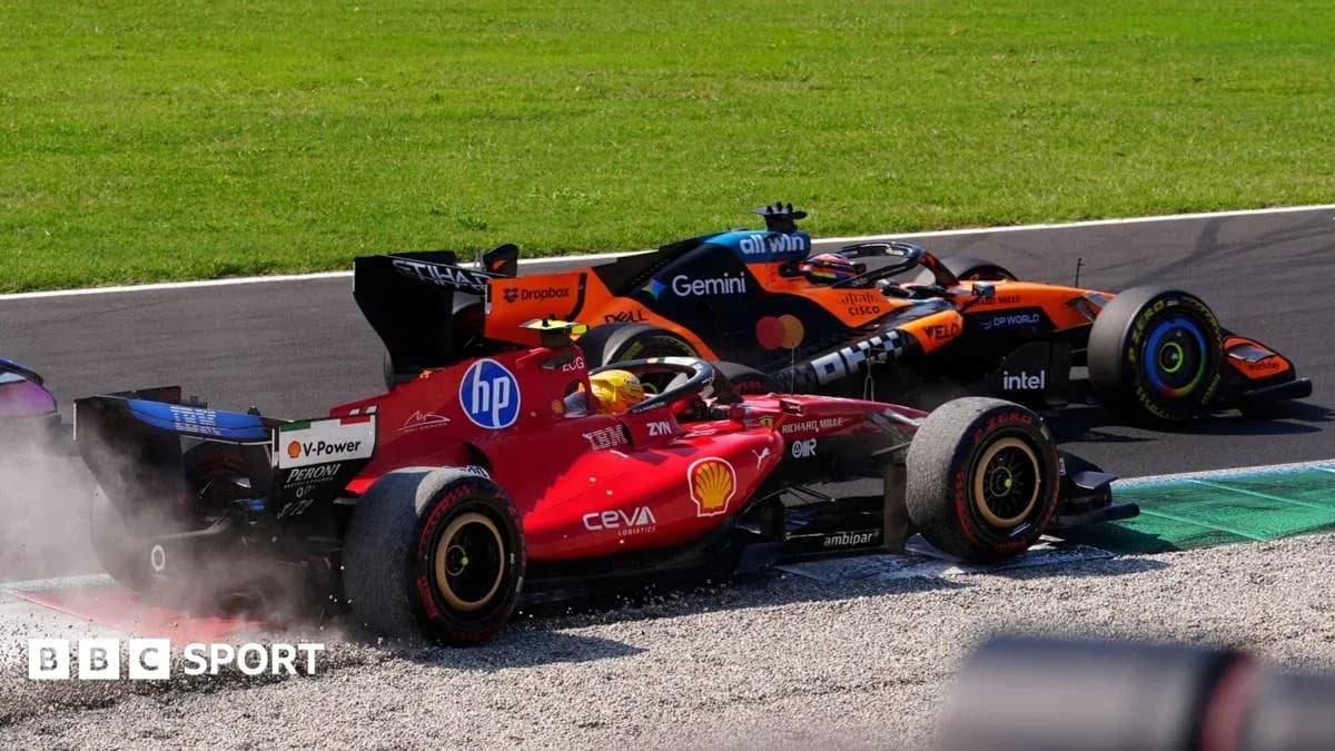 Dos coches de Fórmula 1 compitiendo en curva Dos coches de Fórmula 1 compitiendo en curva