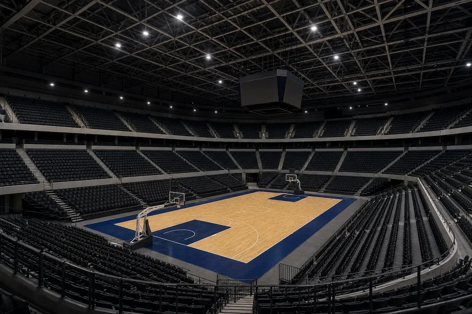 Cancha de baloncesto vacía en un estadio moderno Cancha de baloncesto vacía en un estadio moderno