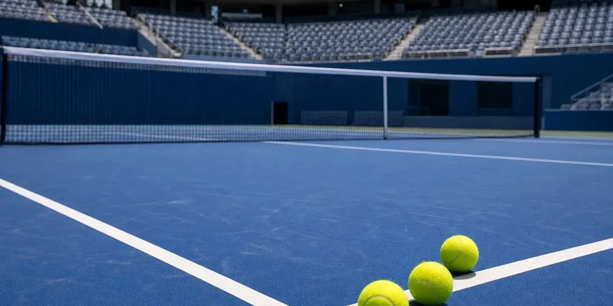 Tres pelotas de tenis en cancha vacía Tres pelotas de tenis en cancha vacía
