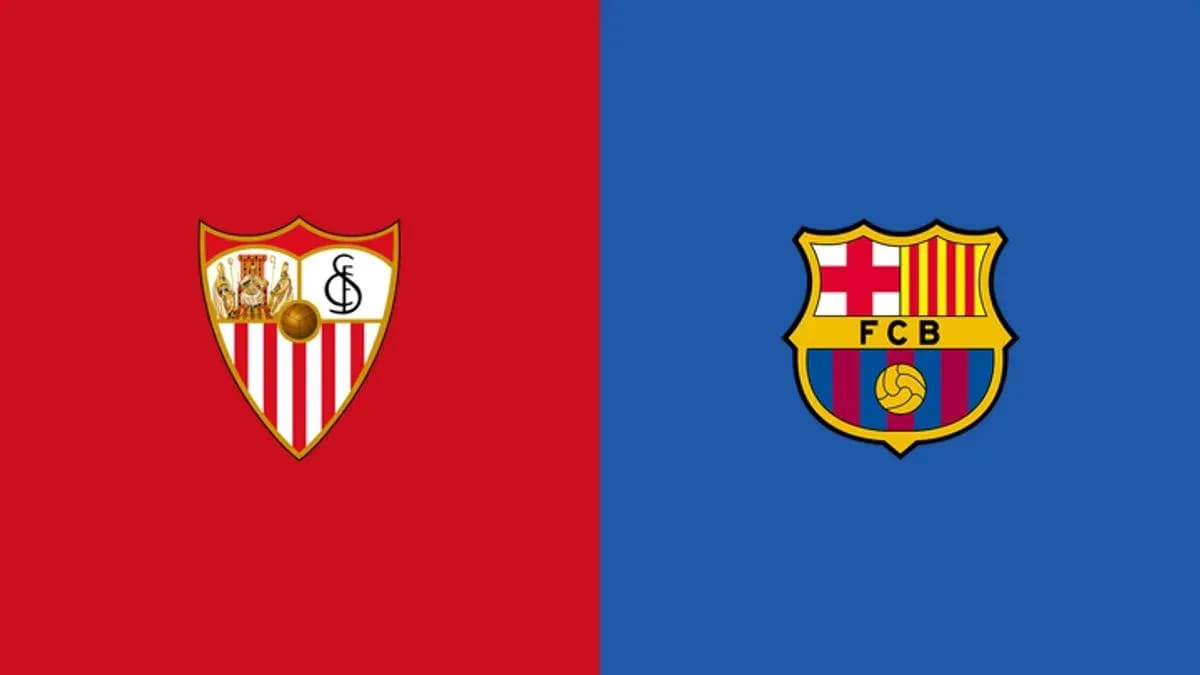 Escudos de Sevilla y Barcelona sobre fondos rojo y azul Escudos de Sevilla y Barcelona sobre fondos rojo y azul