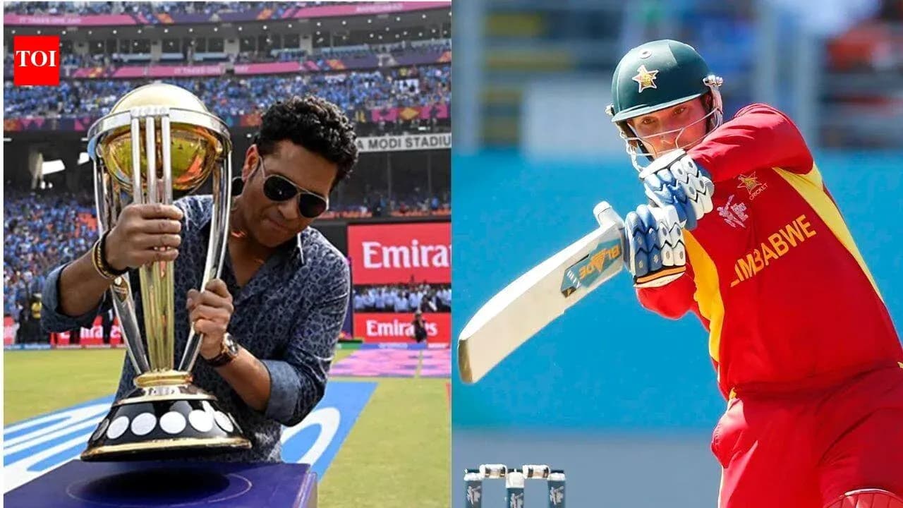 Sachin Tendulkar holding trophy; Zimbabwe player batting Sachin Tendulkar holding trophy; Zimbabwe player batting