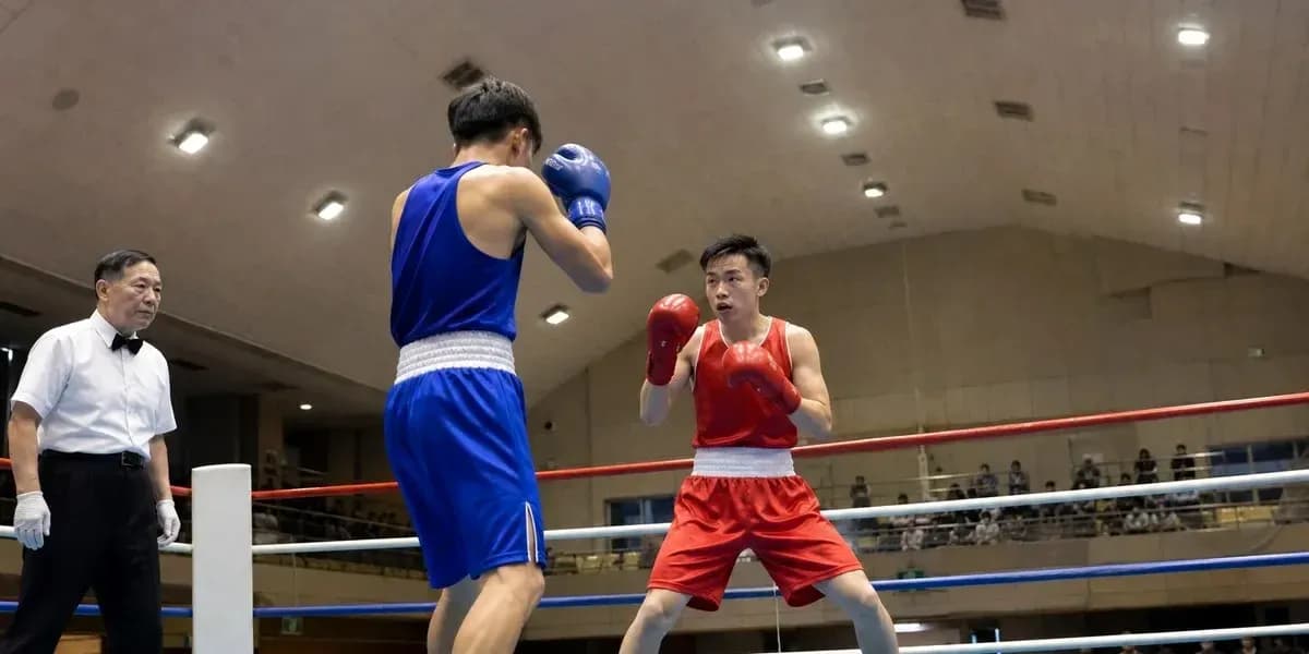 Dos boxeadores en combate en el ring Dos boxeadores en combate en el ring