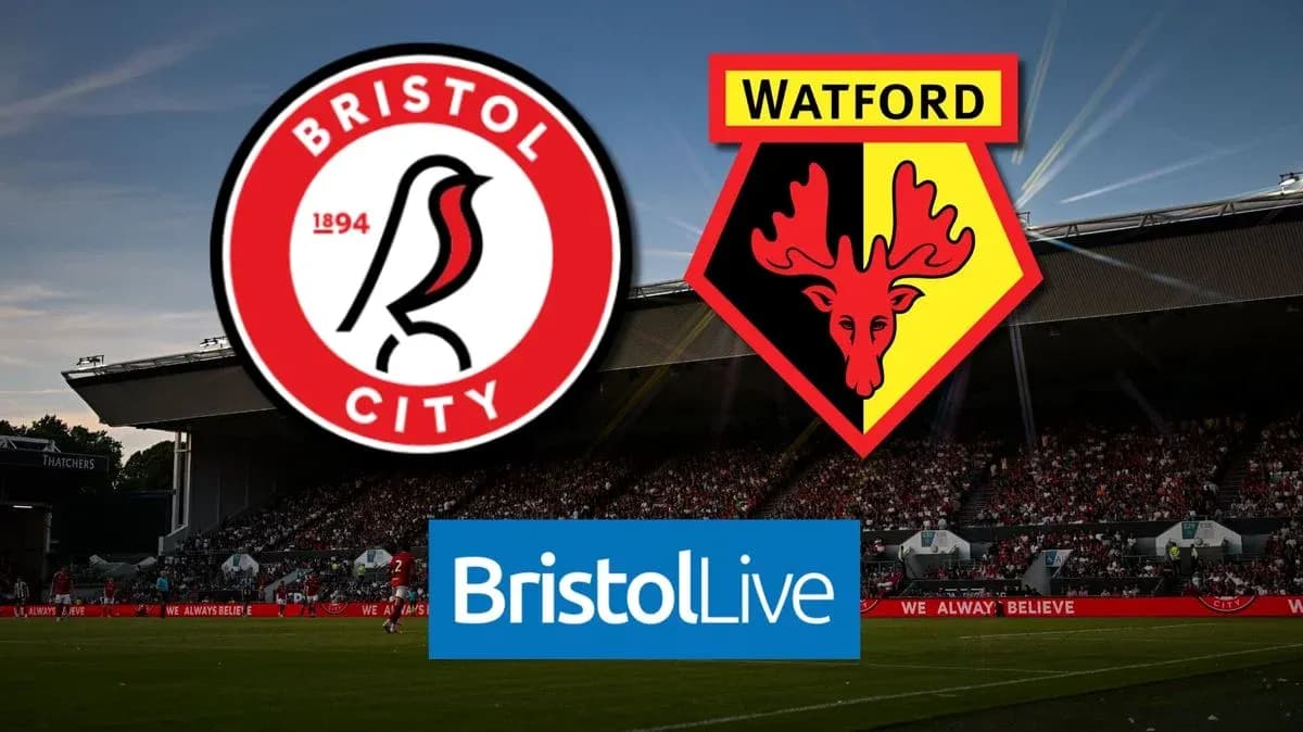 Logos de Bristol City y Watford con fondo de estadio Logos de Bristol City y Watford con fondo de estadio