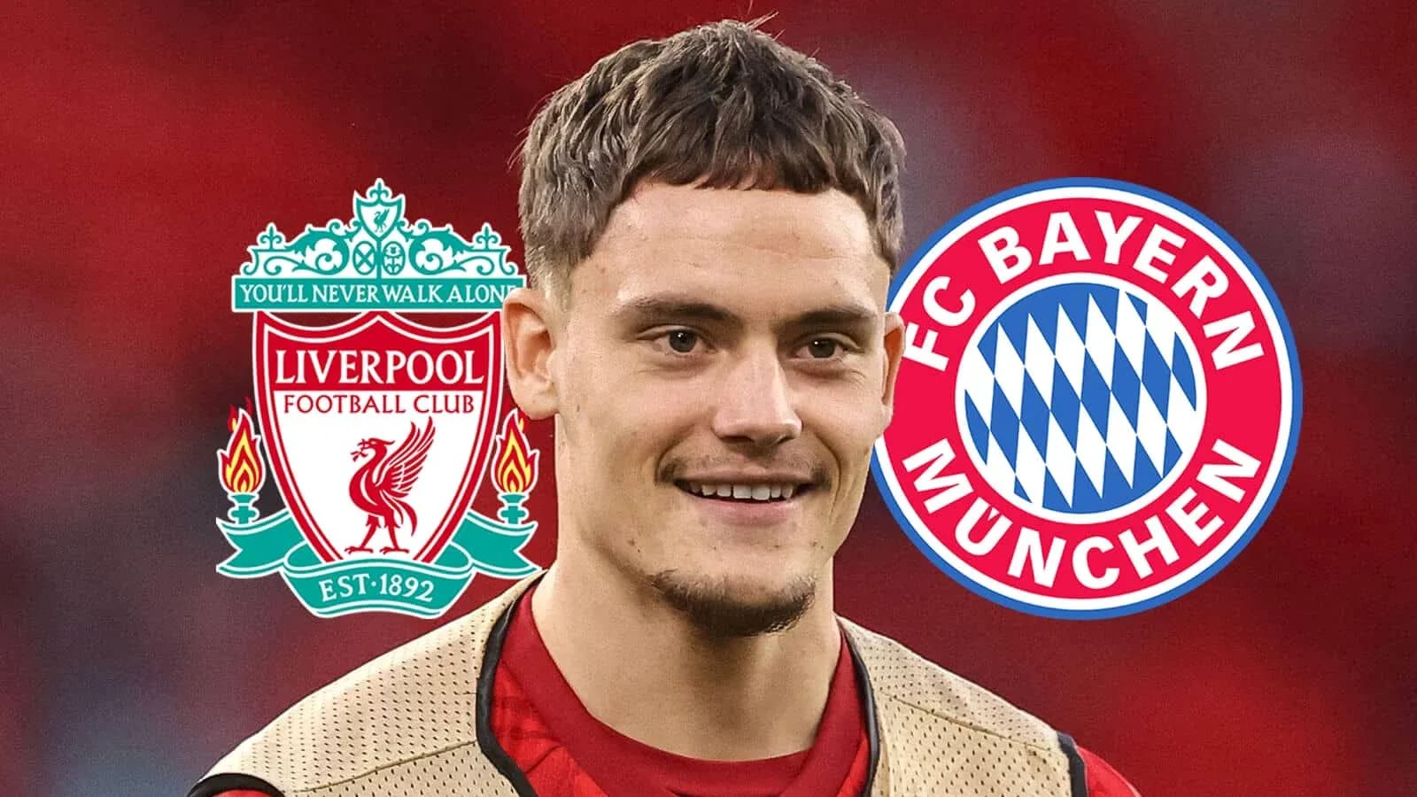 Jugador sonriente con logos de Liverpool y Bayern Jugador sonriente con logos de Liverpool y Bayern