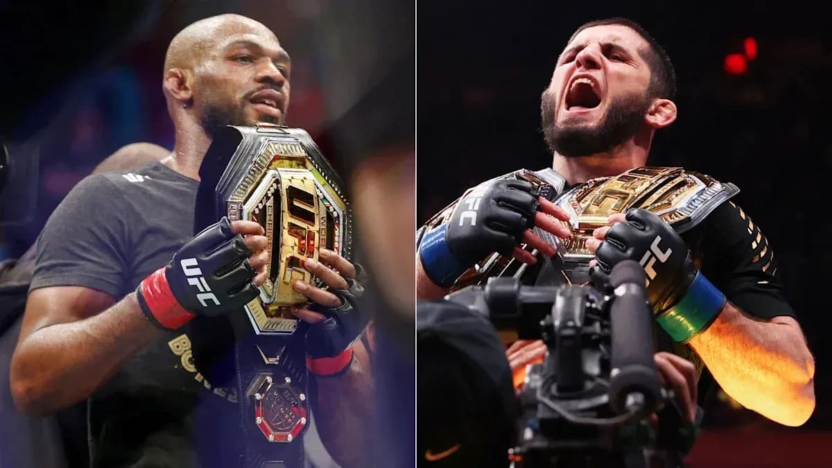 Jon Jones y Islam Makhachev sosteniendo cinturones de campeón Jon Jones y Islam Makhachev sosteniendo cinturones de campeón