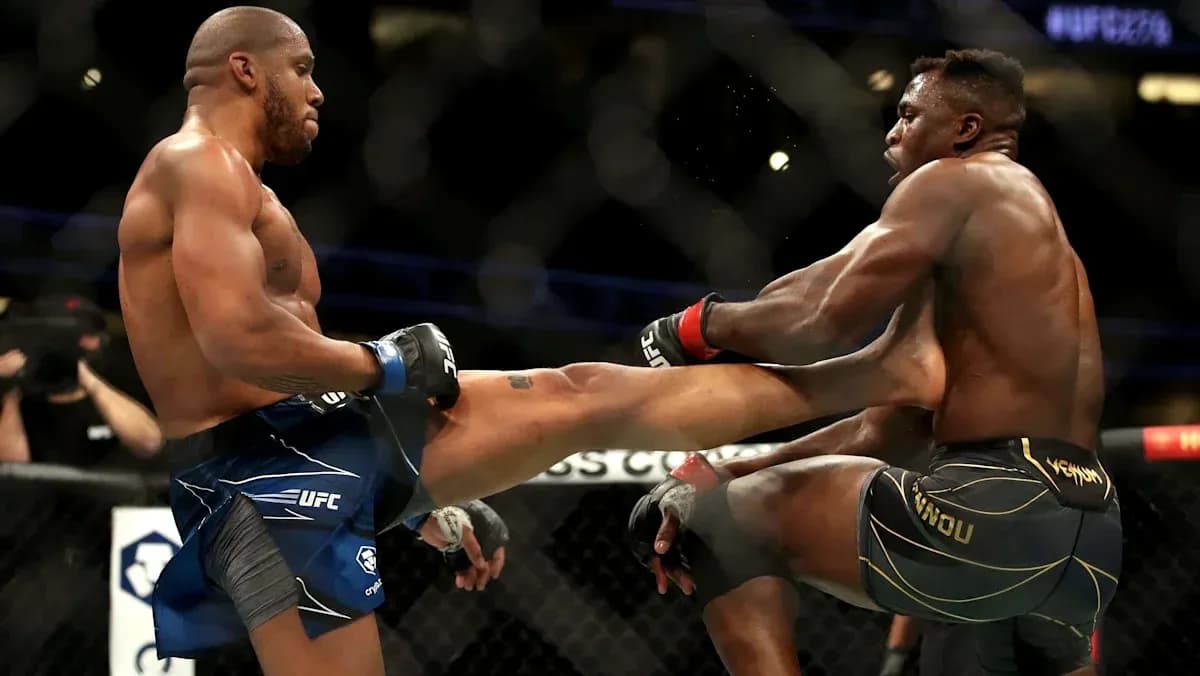 Luchadores en combate, uno lanza una patada Luchadores en combate, uno lanza una patada