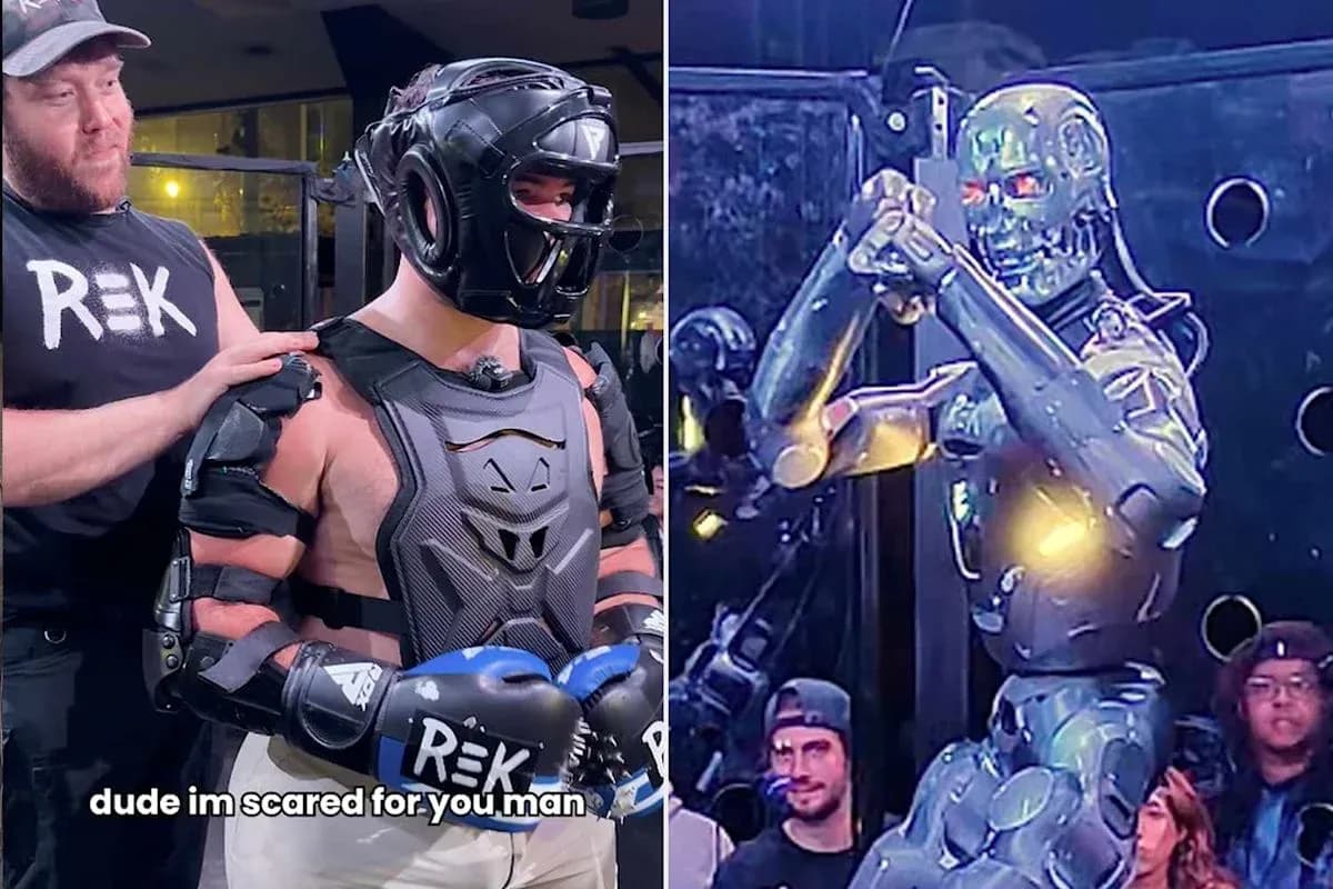 Competitor in gear preparing for match against robot Competitor in gear preparing for match against robot